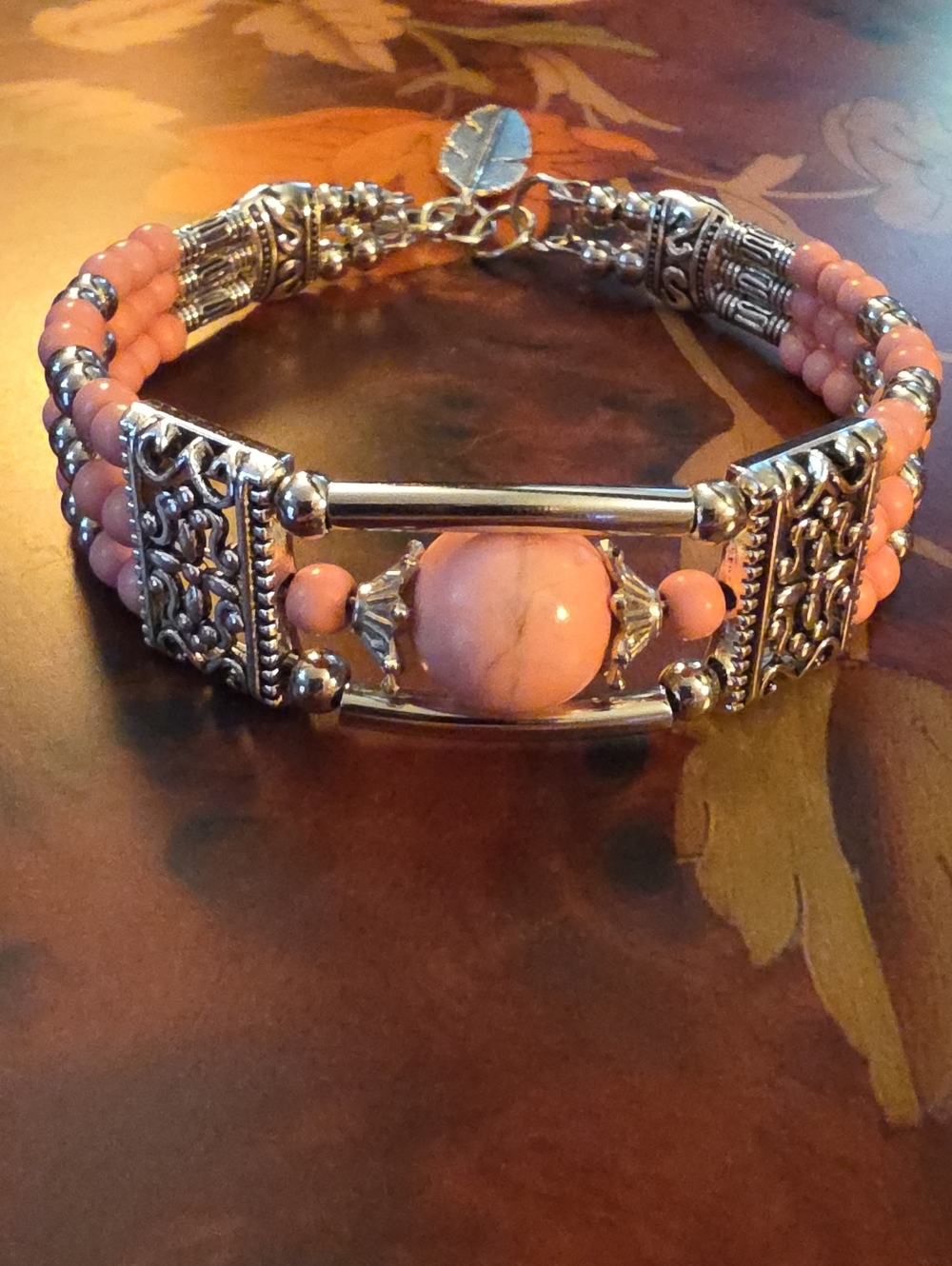 Classic Bohemian Silver Tone Pink Turquoise Bracelet